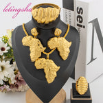 Luxury 18k Gold Plated Jewelry Set African Map Design Pendant Earrings Golden Bangle Ring Set for Women Daily Wear Party Gift