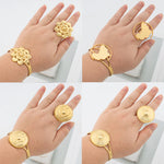 Cuff Bangle and Ring Jewelry Set for Dubai African Women 18k Gold Plated Hand Bracelet Finger Ring Weddings Bride Aesthetic Gift
