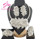YM Sliver Plated Jewelry Set Women Party Collar Cuff Bangle Luxury Flower Pendant Large Earrings Ring Dubai Wedding Jewelry Gift