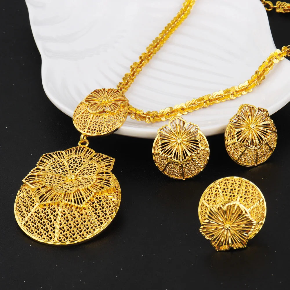 Luxury Dazzling Gold Color Necklace Earrings Ring Set for Women Gold Plated Flower Shape Jewelry Gift for Party Wedding