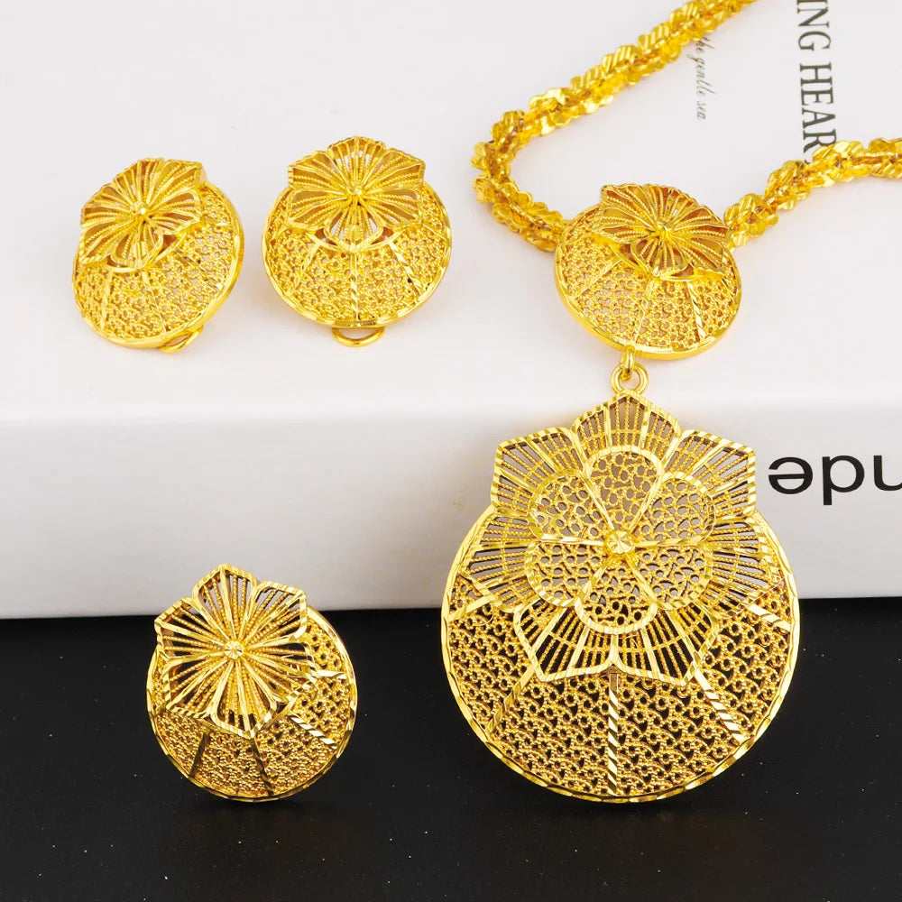 Ethiopia Women Jewelery Set Mid East Flower Earrings Luxury Necklace Ring Easter Mother's Day Party Gift Spring Promotion Arab