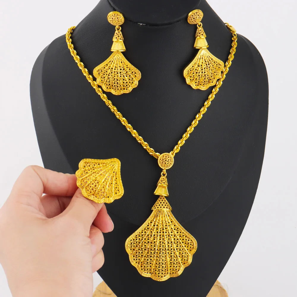Luxury Gold Plated Sea Shell Shape Necklace Earrings Ring Set for Women Nigeria Elegant Design Jewelry for Party Wedding