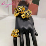18K Gold Plated Big Bangle Fashion New African Lion Bangle Ring Set Bracelets Luxury Wedding Party Gift Jewelry