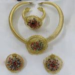 Exaggerate Women Jewelry Set for Party African Copper Gold Color Pendant Necklace and Dangle Earrings Weddings Bangle Ring Set