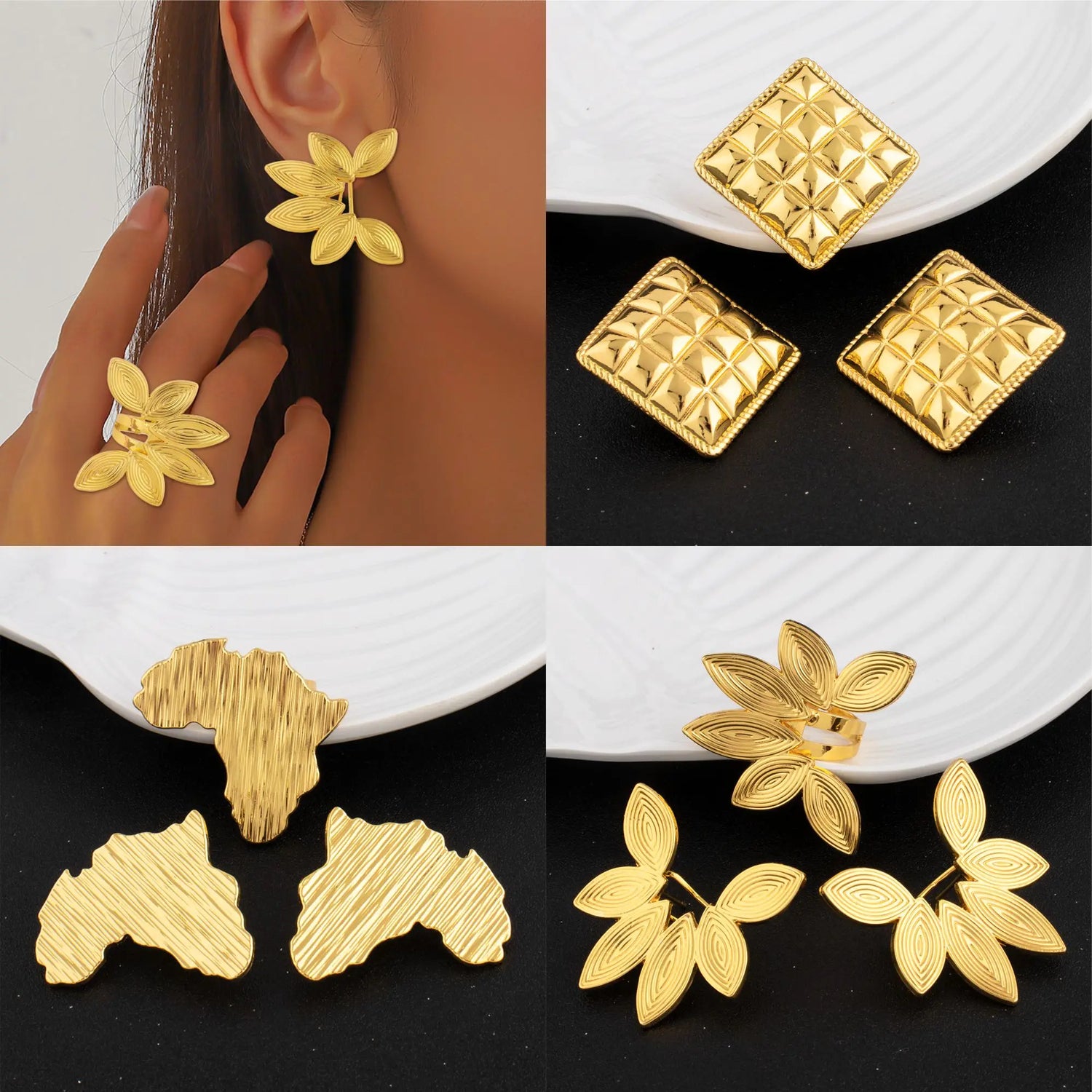 4Pcs Fashion Textured Heart Flower Shape Earrings Ring Set for Women Gold Color Stainless Steel Earring Jewelry Gift Wholesale