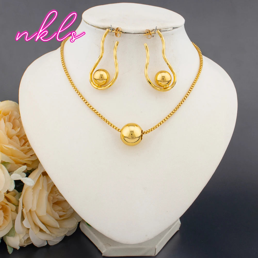 Trendy Round Bead Jewelry For Women Gold Color Necklace Fashion Pendant Clip Earrings Banquet Jewelry Set Daily Wear Accessories