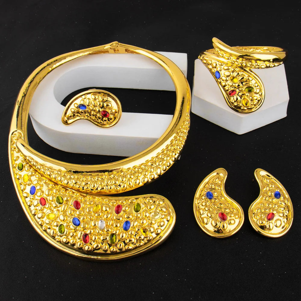 Dubai Luxury Gold Plated Dopamine Color Necklace Earrings Bangle Ring Set for Women Men Gold Color Jewelry Gift for Party