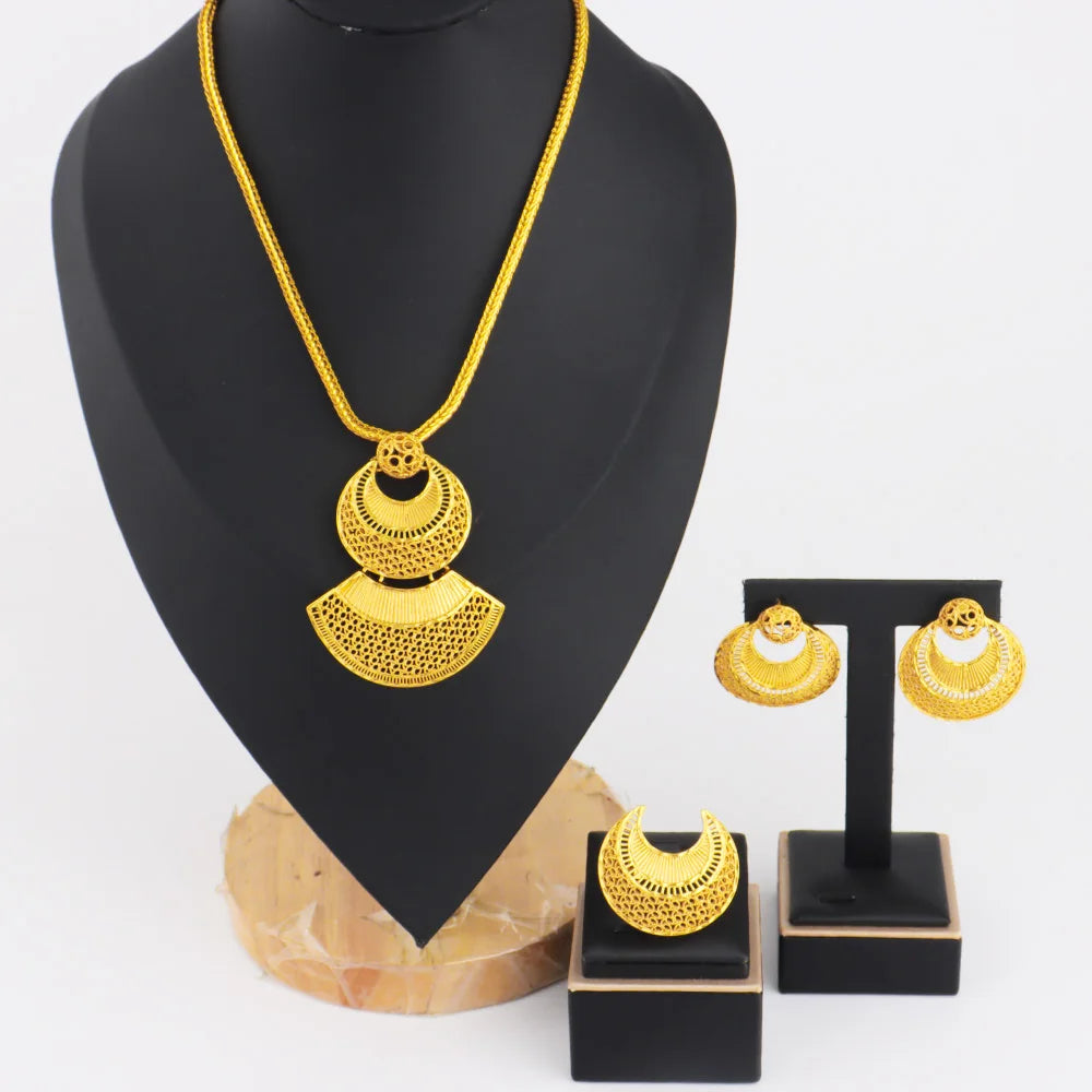 Dubai Vintage Style Women Jewelry Set Morocco Sector Earrings Hollow Out Geometric Ring Baroque Necklace For Party