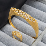Gold Color Bangle with Ring Jewelry Set African Bride Shine Crystal Design Charm Bangle and Finger Ring 2Pcs Set for Weddings