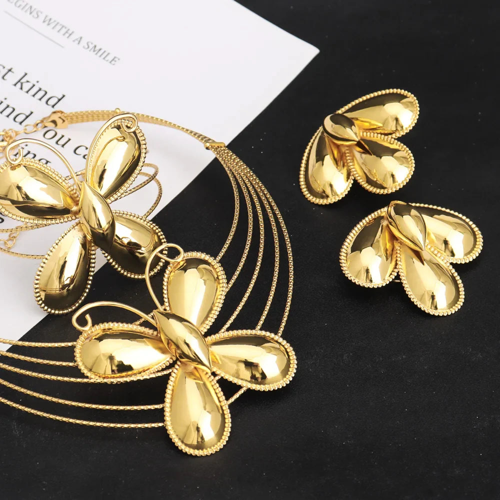 Dubai Luxury Jewellery 4PC Women's Fashion Trendy Flower Earrings Pendant Necklace Bracelet Set Gold-Plated Jewellry Party Gifts