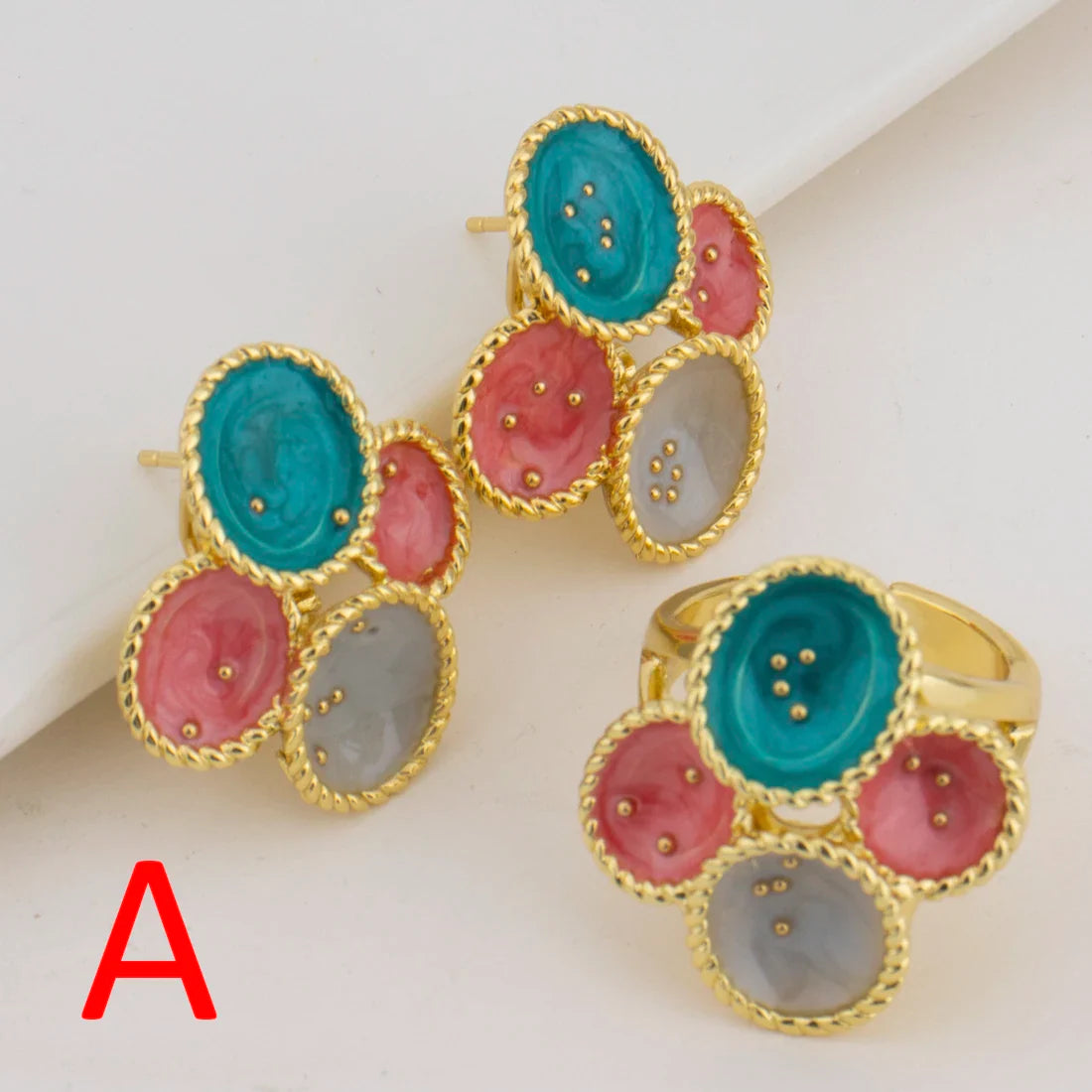 Luxury Gold Plated Flowers Jewelry Set Shape for Women Earrings&Ring Gift for Wedding Party Anniversary Women's Day Celebration