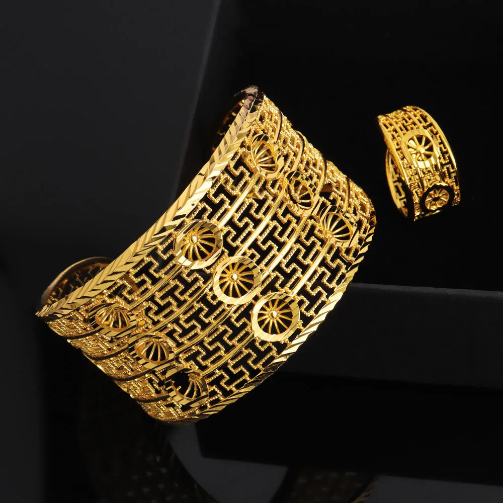 Dubai Chain Cuff Bangle With Ring For Women Moroccan Plated Bracelet Jewelry Nigerian Wedding Party Gift Indian Bracelet