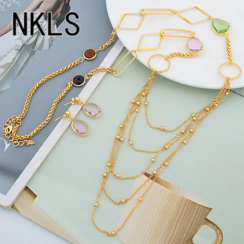 Fashion Crystal Zircon Long Chain Necklace Set Dubai Drop Earrings Elegance Women's Jewelry Luxury Golden Jewellery Party Gift