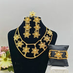 India Gold Plated Jewelry Set For Women Nigeria Girl Grid Necklace Earrings Bangle Flower Ring For Ethiopia Party Mother's Day