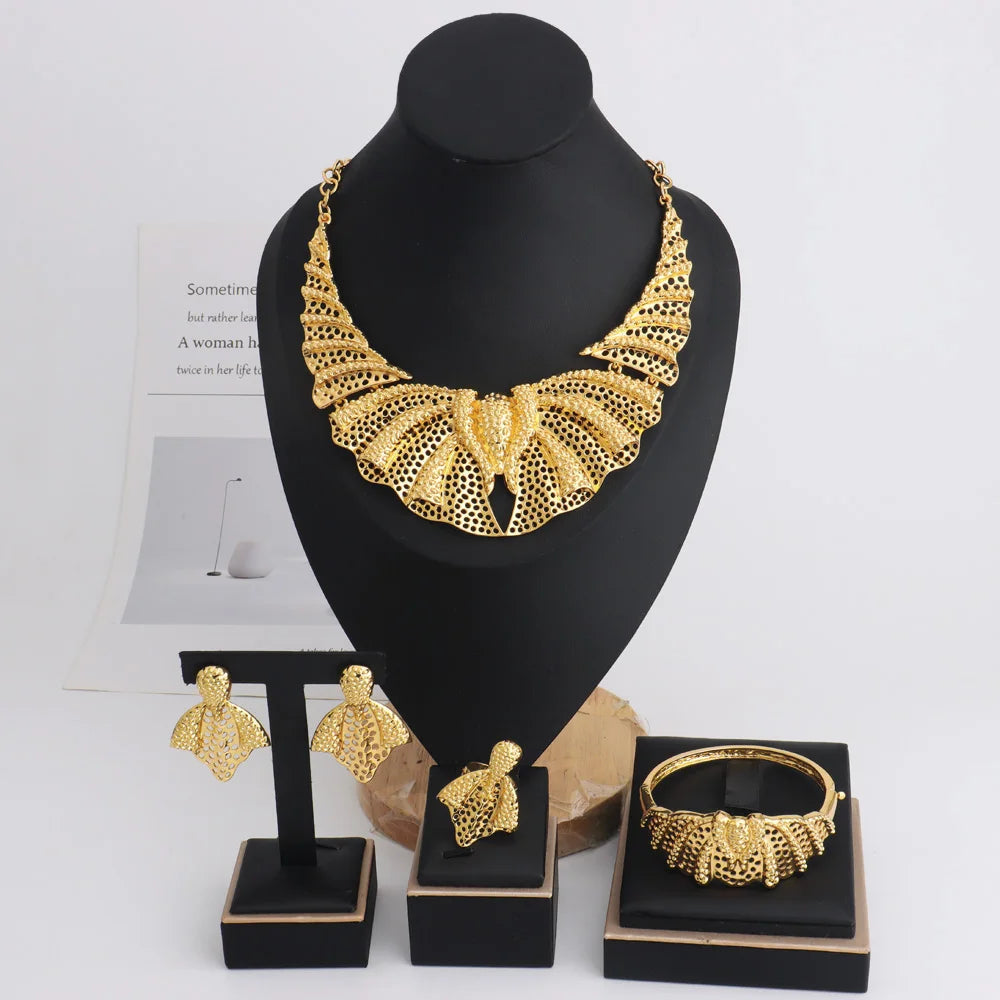 Luxury Africa Party Hollow Out 4pcs Jewelry Sets Elephant Pattern Necklace Earring Bracelet Ring For Women Banquet Wedding
