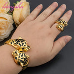 Gold Plated Leopard Bangles For Banquet Party Fashion Adjustable Ring 2pcs Jewelry Sets For Women Dubai Jewelry Accessories