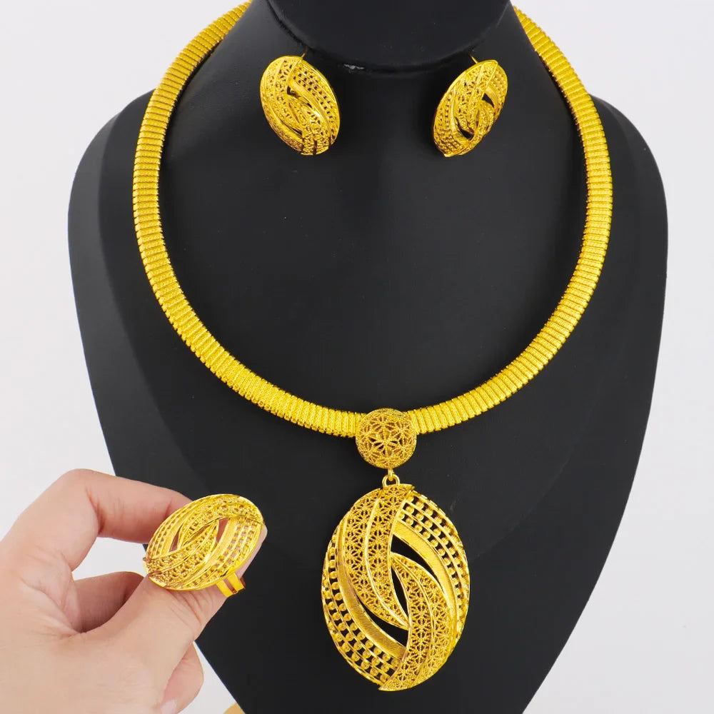 Low-key Luxury Gold Plated Necklace Ring Earrings Jewelry Set for Women Girl Noble Design Jewelry Accessories Gift For Party