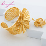 Dubai Fashion Flower Cuff Bangle with Ring Set Indian Bride Gold Color Jewelry Bracelet Ring Wedding Party Gift Luxury Jewellery