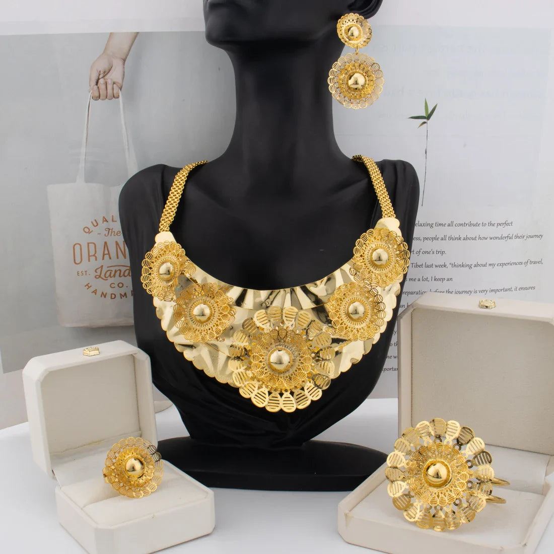 African Luxury Jewelry Set Big Necklace Dubai Ethiopian Gold Color Earring Bracelet ring For Women Bridal Choker Wholesale