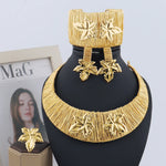 African Jewelry Set For Woman Luxury Necklace Bracelet Gold Color Leaf Shape Ring Earrings Chunky Chain Party Jewelry Gift Set