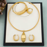 Women Lady Elegant Hollow Pendant African Gold Color Jewelry Set Necklace Clip Earrings Bangle Ring Party Ethiopian Jewellery