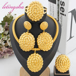 Luxury Women Design Jewelry Set Dubai Gold Color Jewelry Necklace Big Drop Earrings Pendant Bangle Rings Set Wedding Party Gift