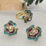 Women Rainbow Color Earrings Ring Nigeria Africa Fashion Earrings Jewelry Gold Plated Ring Wedding Party Daily Wear Accessories