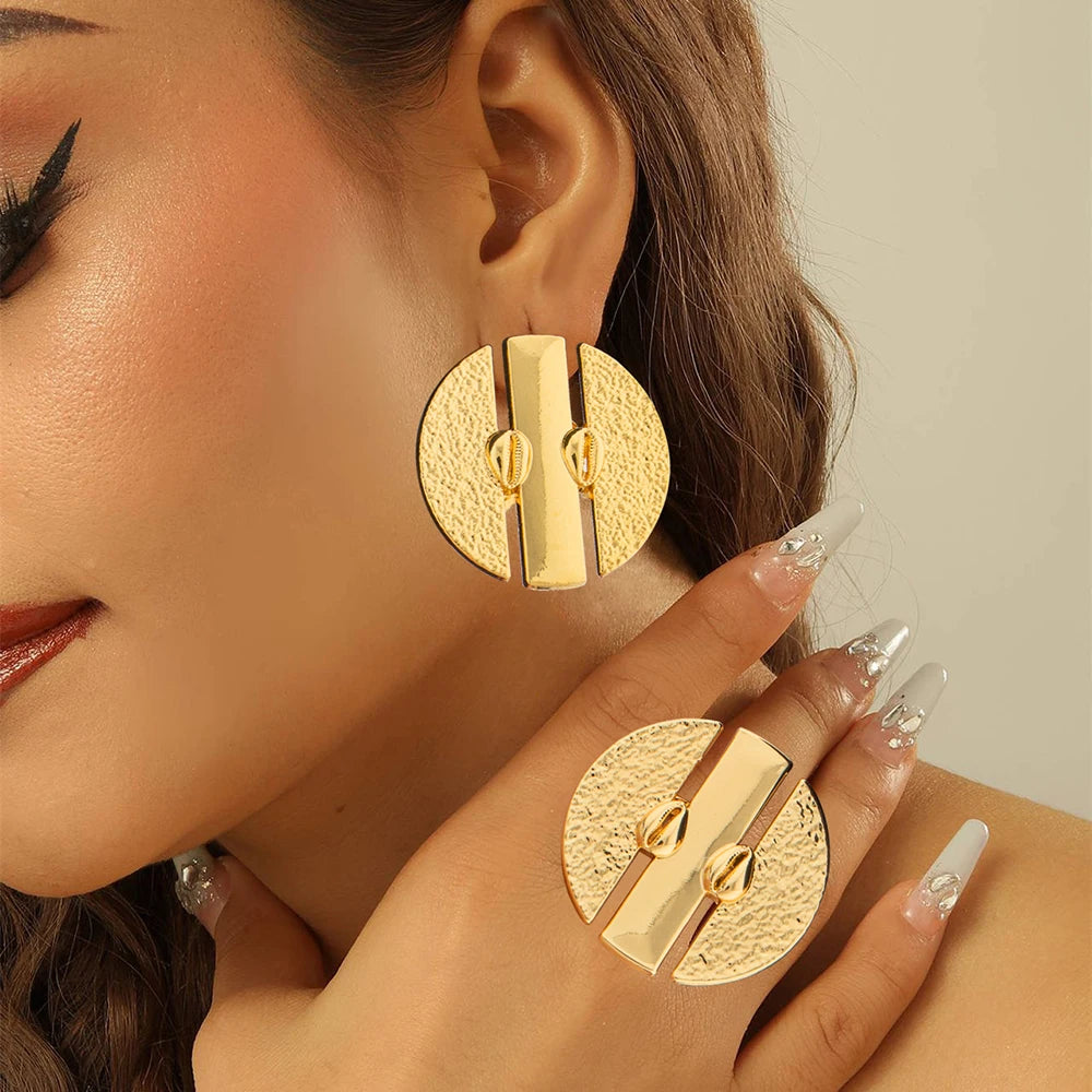 Brazilian Gold Color Earrings with Ring Jewelry Set for Party Hollow Out Design Big Earrings Finger Ring 2Pcs Set for Engagement