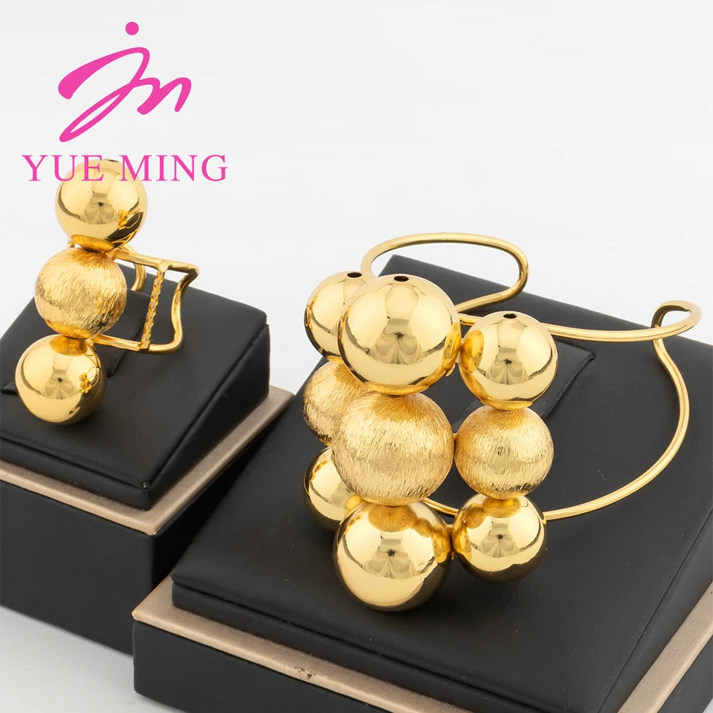 Fashion Cuff Bracelet with Rings Dubai Gold Color Round Beads Bangles 2PCS Butterfly Jewelry Sets African Bridal Wedding Gifts