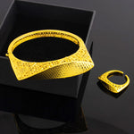 Punk Gold Plated Open Spring Bracelet Women's Fashion Hollow Engrave Design Smooth Ring Earring Bangle Set Versatile Jewelry
