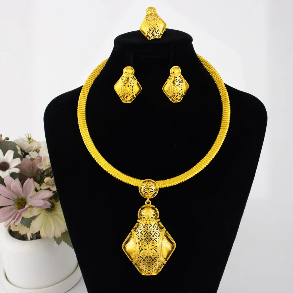 Dubai Luxury Elegant Gold Plated Necklace Ring Earrings 3Pcs Set for Women Gold Color Jewelry Gift for Nigeria Bride Wedding
