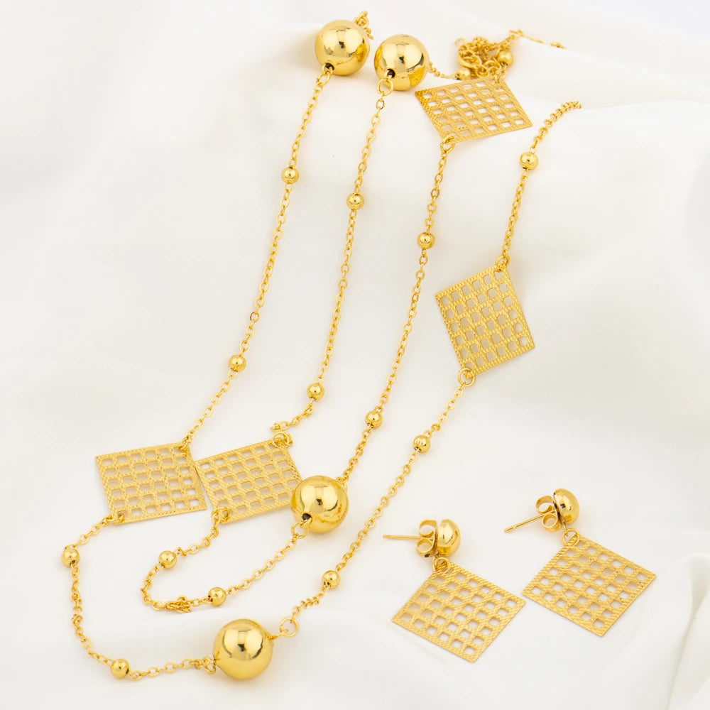 Gold Plated Long Chain for Women Fashion Necklace Copper Round Bead Geometry Pendant Party Wedding Waist Chain Jewelry Accessory