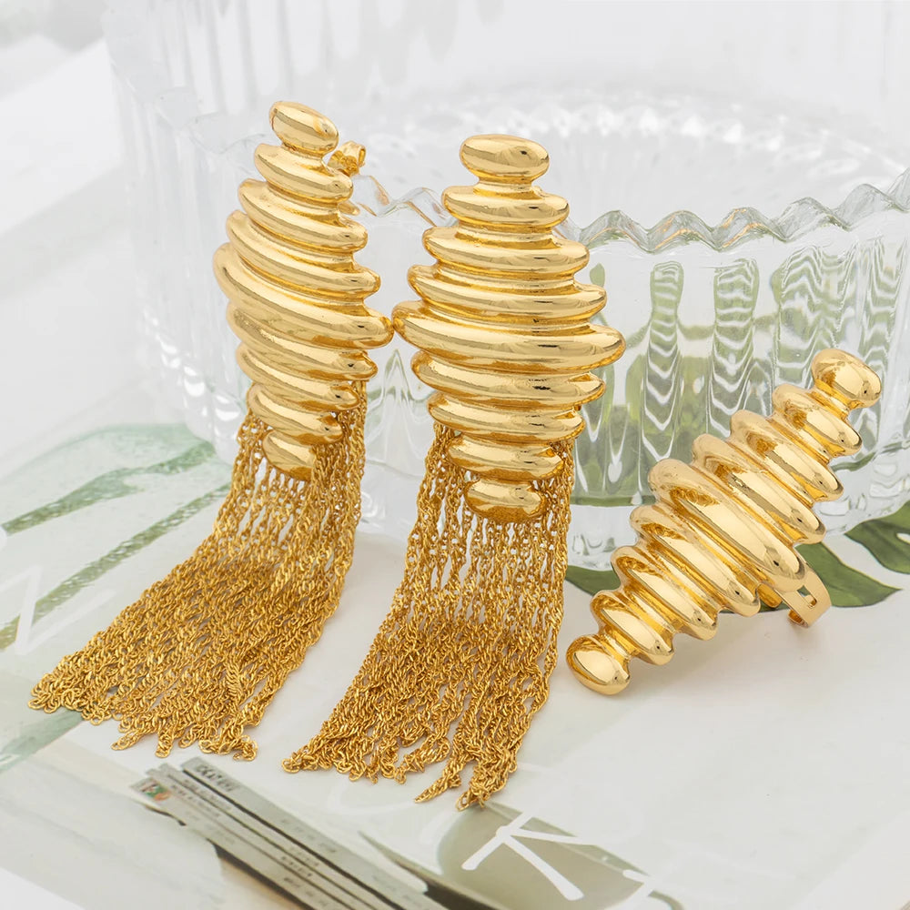 African Gold Color Bow Tie Earrings and Rings Set Fashion Tassel Earrings Bohemia Ethnic Jewelry Set Bride Jewelry Set Wedding