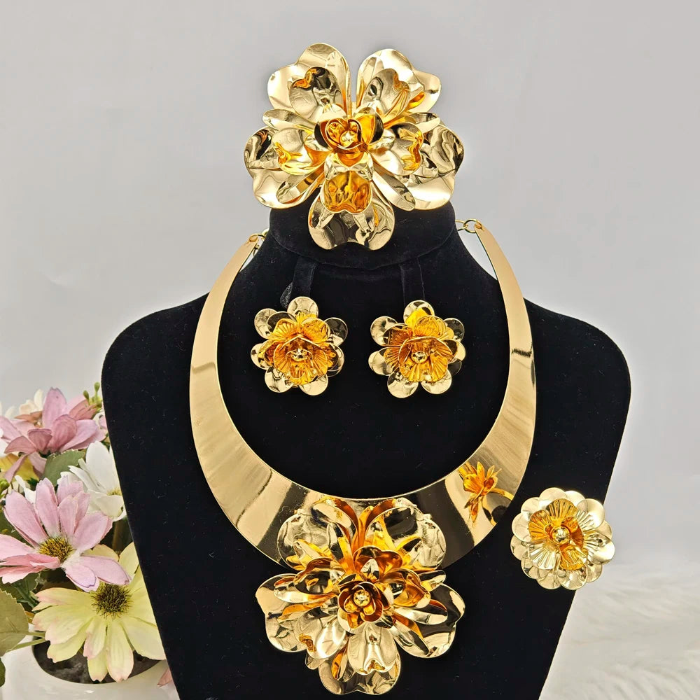 Newest Luxury Flower Shape Women Jewelery Set Noble Gold Color Earrings Necklace Bangle Ring For Wedding Party Anniversary Gift