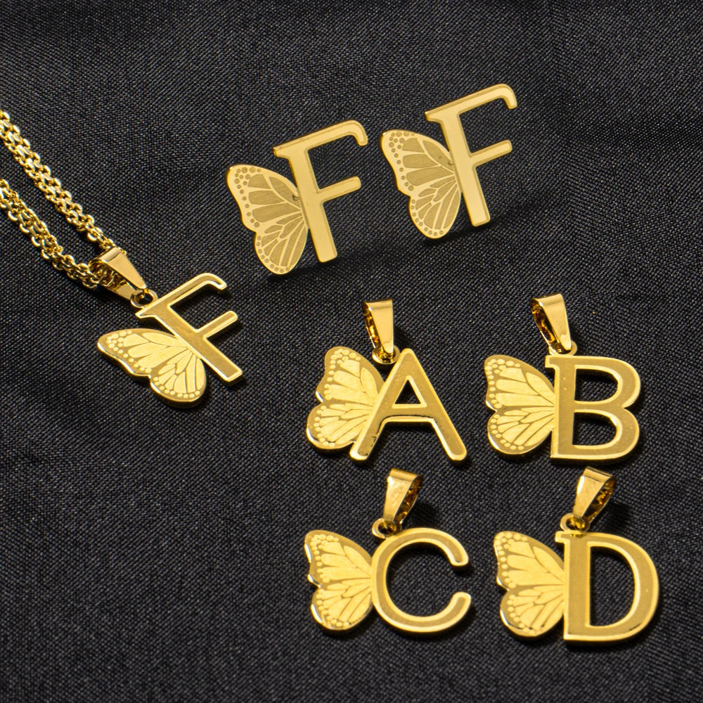 Gold Color Letters Butterfly Wings Pendant Necklace Earring Jewelry 2Pcs Set Gifts For Women Couple Initial Name Jewelry