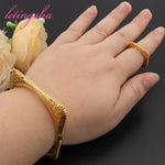 Luxury Charm Bracelet with Ring for Women Gold Color Stainless Bangle Ring Dubai Arabic Cuff Bracelet Wedding Bride Jewelry