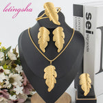 Luxury 18K Gold Color Leaf Necklace Earrings Bangle Ring Wedding Bridal Fashion Jewelry Set African Jewelry Set Party Gift