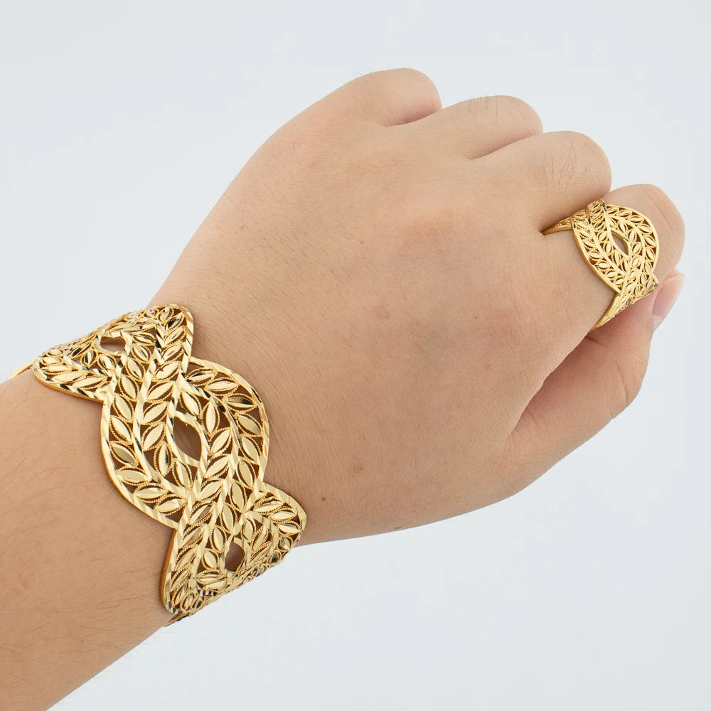 Bangle and Ring Jewelry Set for Women Dubai Bride Wedding Ethiopian Bracelet Cuff Bangle Jewelry Charm Wheatears Bracelet Set