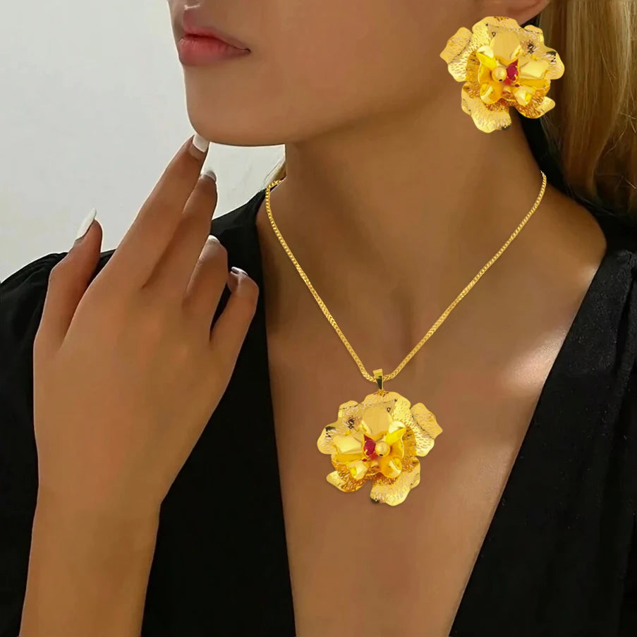 Arab Zircon Collection Women Jewelry Nigeria Luxury Flower Shape Earrings Gold Color Necklace For Party Wedding Wholesale