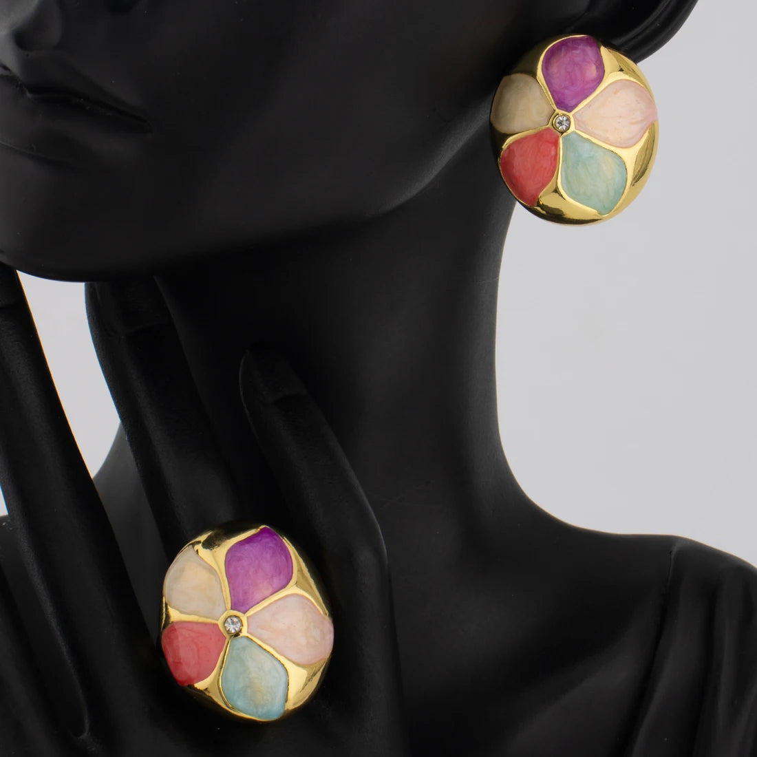 French Color Block Combination Earrings Ring Fashionable Vintage Jewelry Women's Drip Oil Ring Simple Temperament Gift