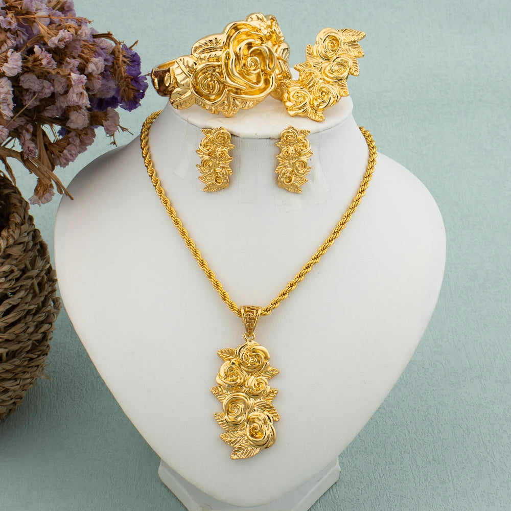 New Arrivals Gold Color Jewelry Sets For Women Fashion Earrings Necklace Italy Bangle Ring Flower Pendant Bride Wedding Party