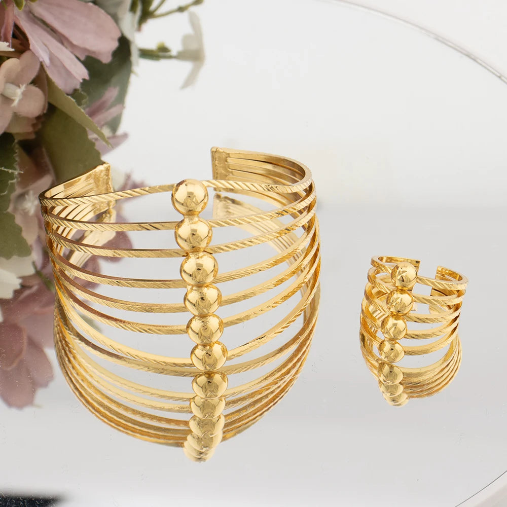 Saudi Arab Gold Color Bracelet Jewelry for Women Fashion Cuff Bangle and Ring Set Dubai Bridal Wedding Party Jewellery