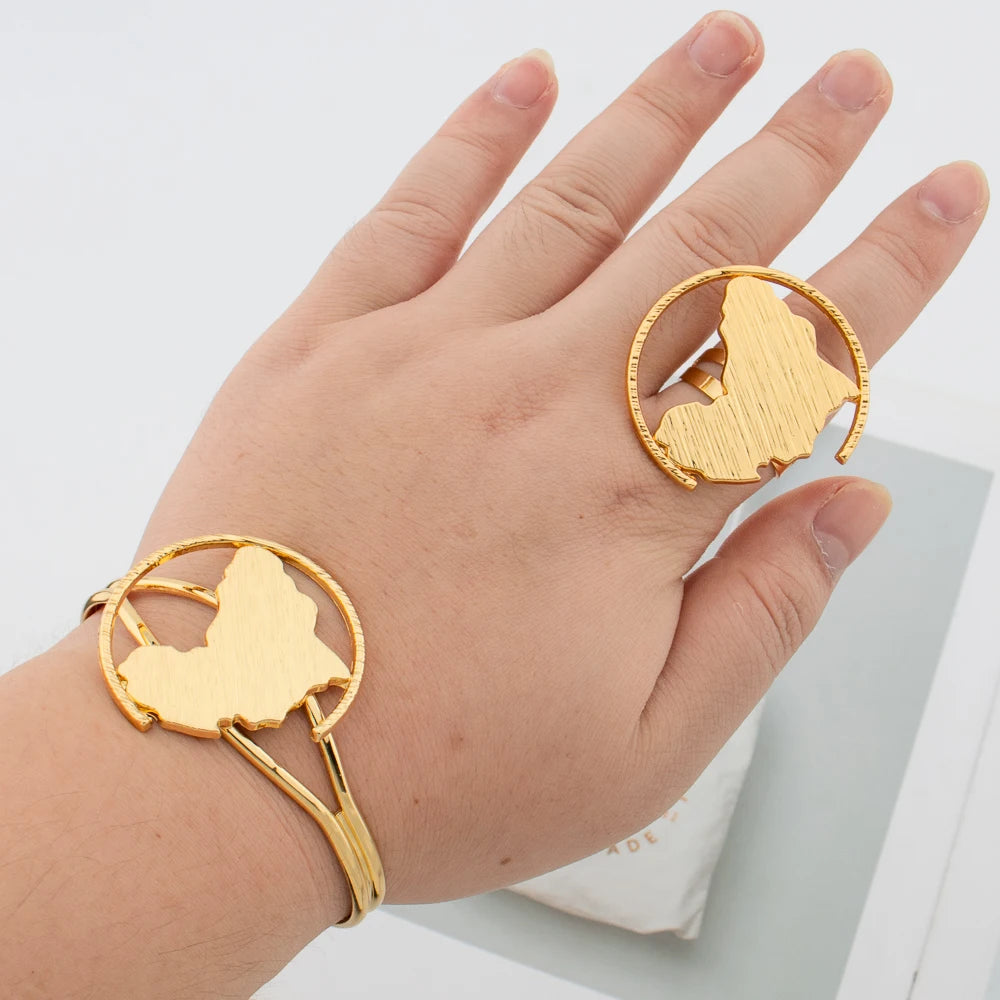 Cuff Bangle and Ring Jewelry Set for Dubai African Women 18k Gold Plated Hand Bracelet Finger Ring Weddings Bride Aesthetic Gift