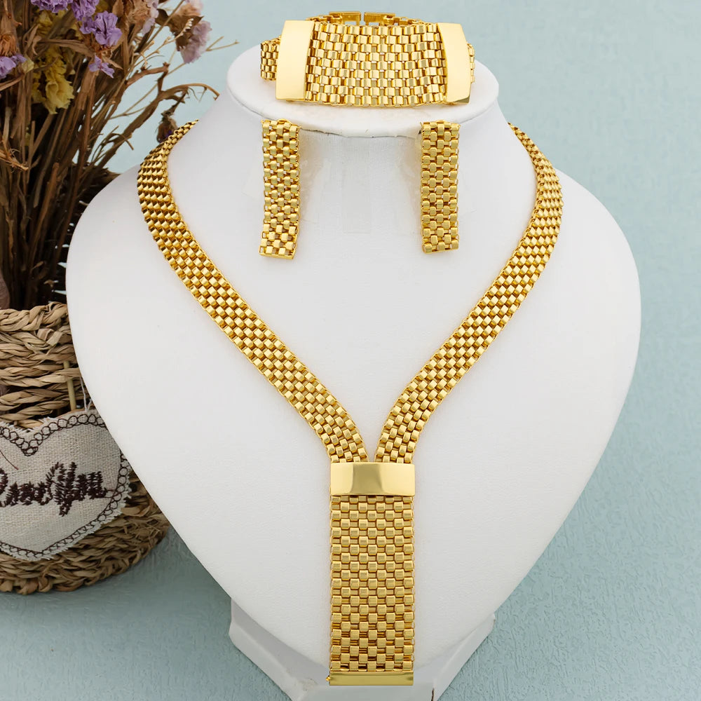 Gold Color Drop Earrings Necklace Set Fashion Women Dubai African Luxury Geometric Earrings Bracelet Italy Wedding Party Jewelry