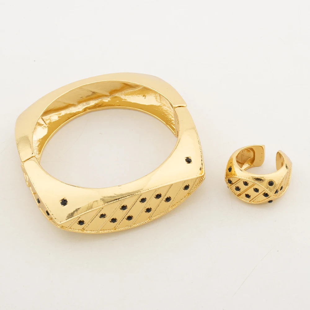 Cuff Bracelet Women Italy Fashion Bangle with Ring Gold Color African Dubai Luxury Wedding Jewelry Set