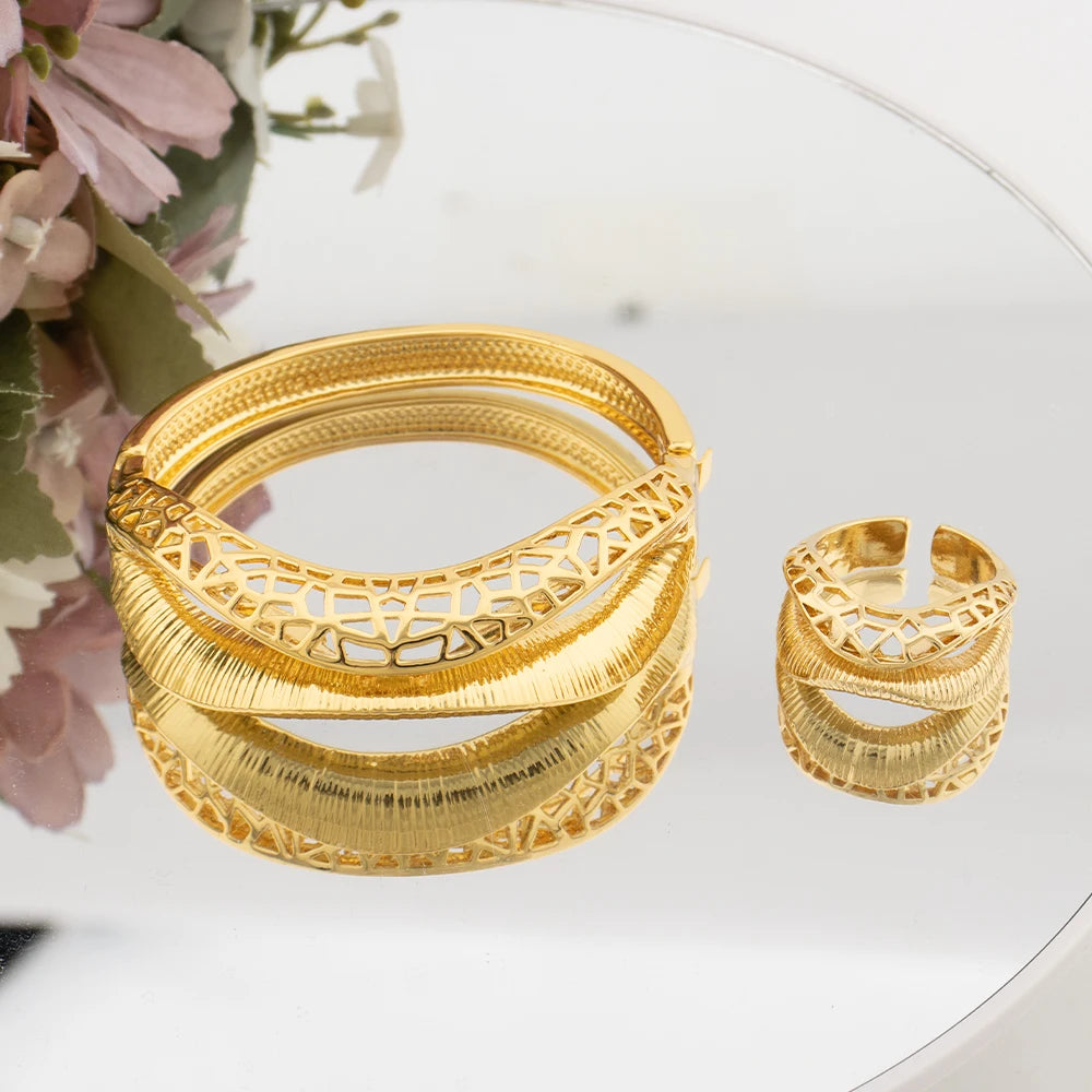 Nigerian African Dubai Bracelet Jewelry Luxury Copper Gold Color Cuff Bangle Ring For Women Party Wedding Gifts Jewelry
