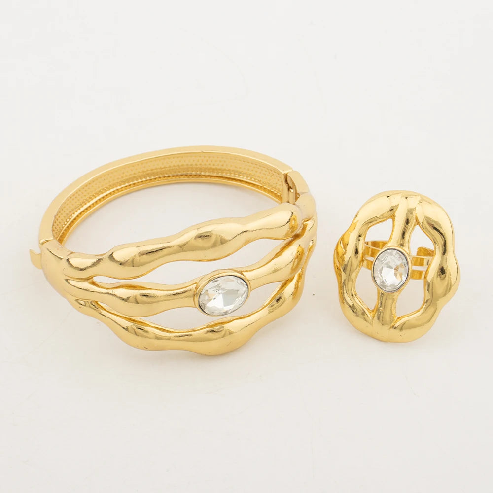 Luxury Gold Color Bracelet Dubai Woman Cuff Bracelet Female Bridal Wedding Designer Bangles with Ring For Women