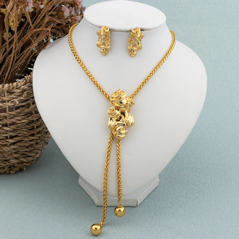 New Fashion Gold Plated Jewelry Set Pendant Dubai Italy Necklace Drop Earrings for Women Adjustable Chain Party Bohemia Jewelry