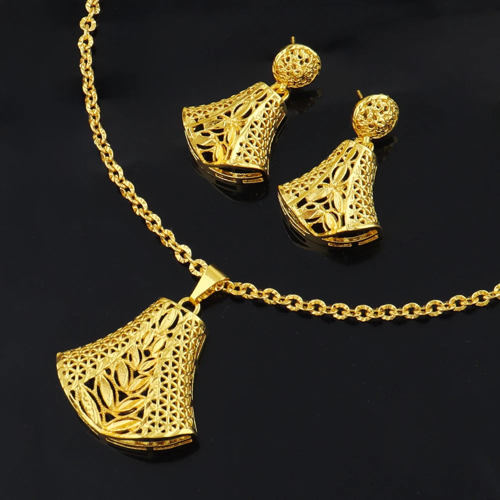 Dubai Gold Plated Elegant Exquisite Necklace Earrings Set for Women Girl Charms Gold Color Jewelry Gift for Party Wedding