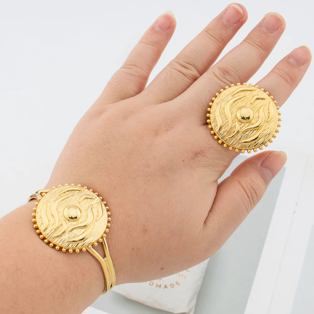 Cuff Bangle and Ring Jewelry Set for Dubai African Women 18k Gold Plated Hand Bracelet Finger Ring Weddings Bride Aesthetic Gift